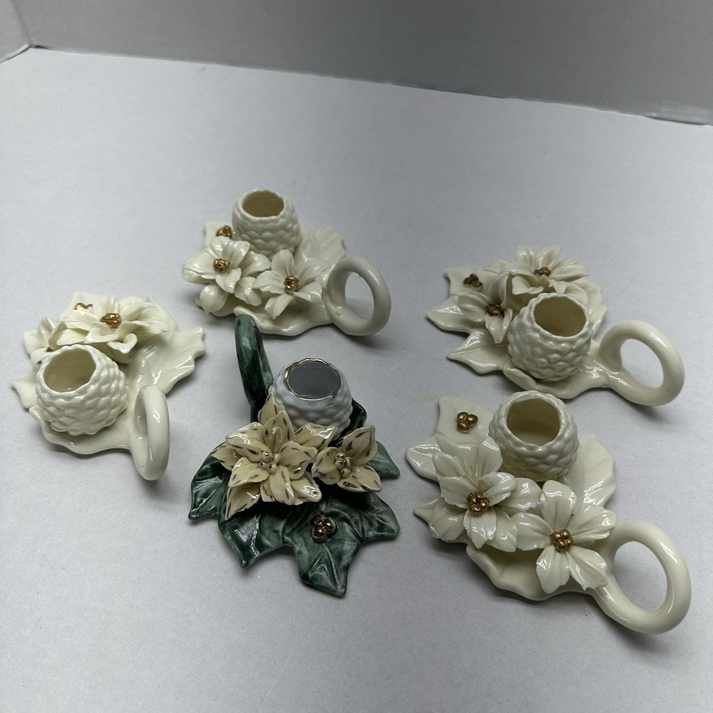 Vintage Porcelain Poinsettia‎ Chamberstick Taper Candle Holders - Set of 5